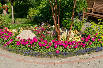 Floral border with a tree in the middle next to a wooden bench in the park on a sunny summer day.