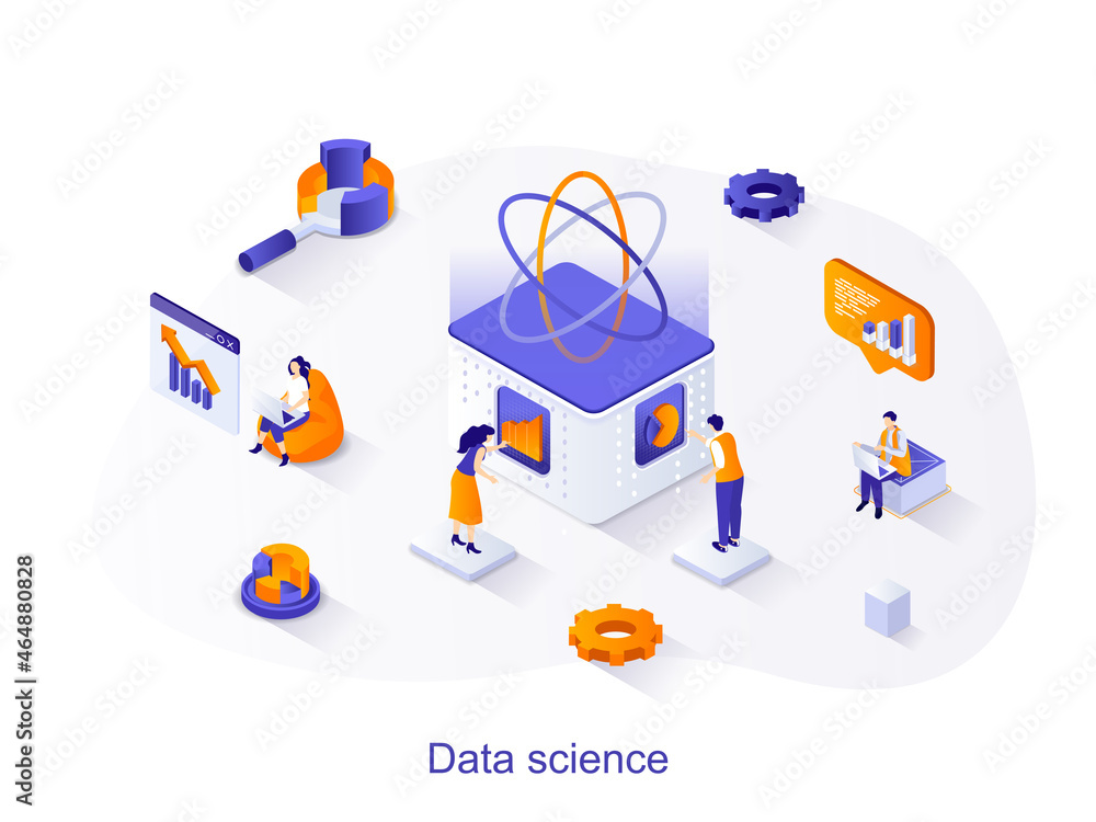 Poster data science isometric web concept. people working with datum on database, analyze data and financia