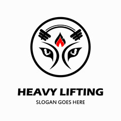 Fitness vector logo design template, vector design for gym and fitness. weight lifting icon and muscular hand illustration in tiger eyes real man
