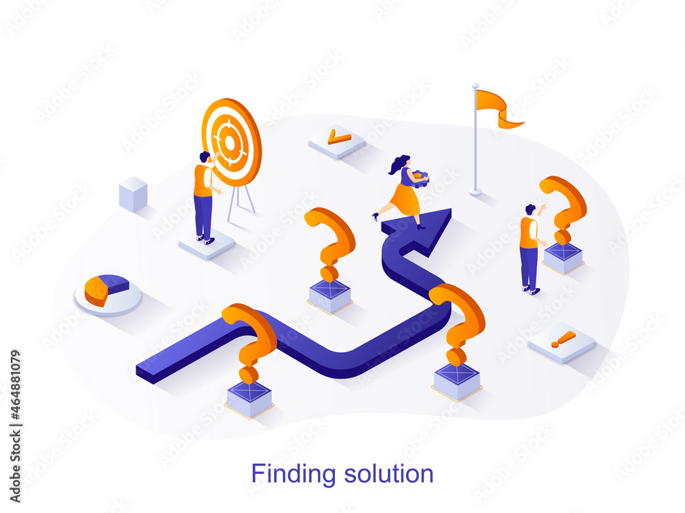 Aufkleber Finding solution isometric web concept. People choose direction moving to goal, aim at target, think questions. Brainstorming, creativity scene. Vector illustration for website template in 3d design