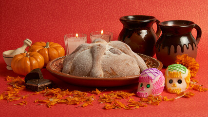 bread of the dead with candles for the altar of the day of the dead in mexico