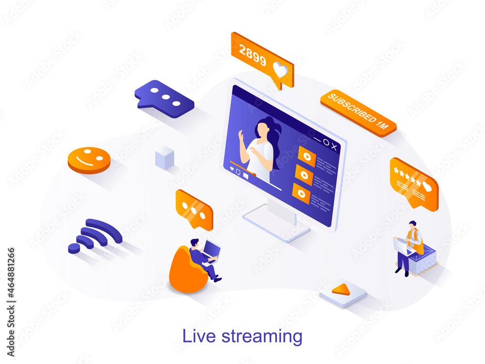 Poster live streaming isometric web concept. people watching blogger video stream, movie or news using lapt