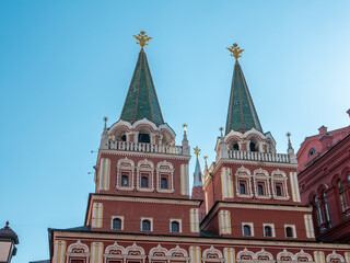 Fototapeta na wymiar Red Square. Observation towers of the main entrance Moscow, Russia. Close-up.