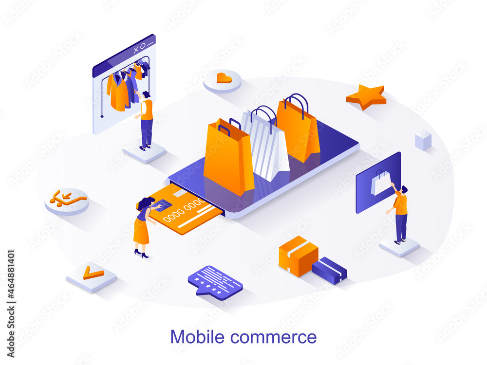 Poster mobile commerce isometric web concept. people buy clothes on store site, pay for purchases and order