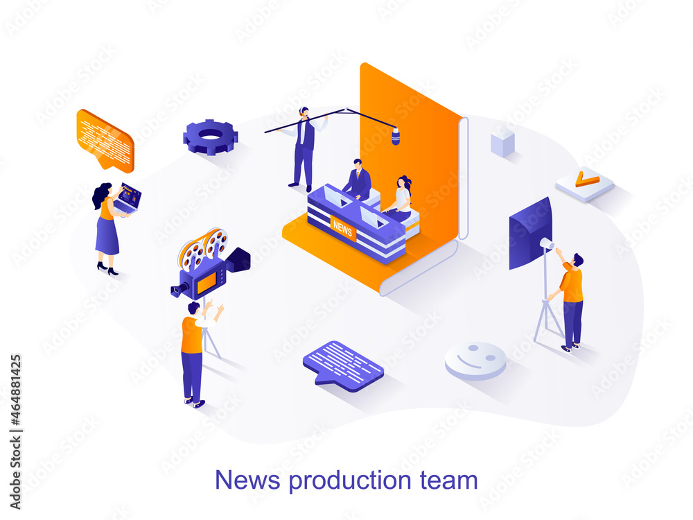 Aufkleber news production team isometric web concept. people conduct news program, record tv shows on cameras 