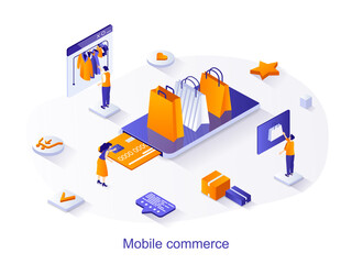 Fototapeta premium Mobile commerce isometric web concept. People buy clothes on store site, pay for purchases and order home delivery using mobile application scene. Vector illustration for website template in 3d design