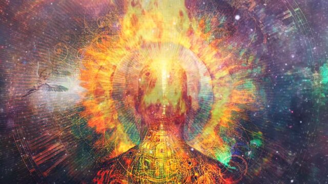 Time mystery. Man with burning halo. High quality FullHD footage