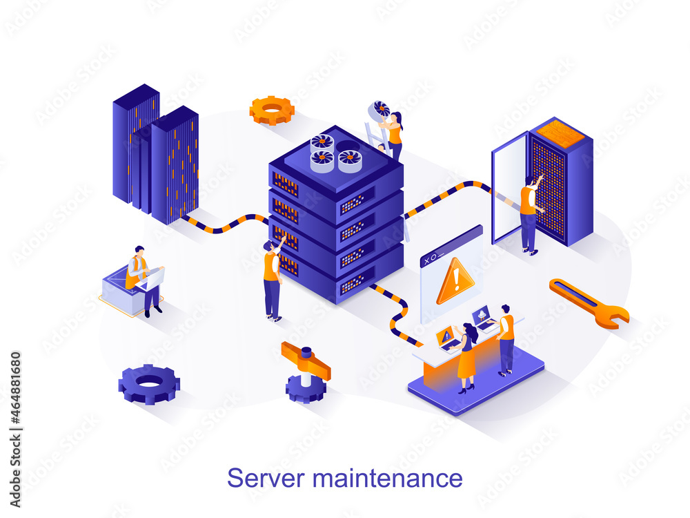 Fototapete server maintenance isometric web concept. people working at server rack hardware room, technology de