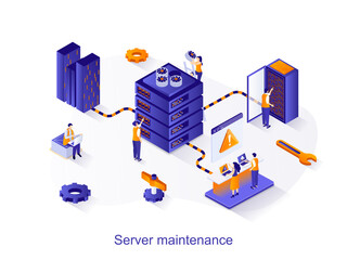 Server maintenance isometric web concept. People working at server rack hardware room, technology department engineers support equipment scene. Vector illustration for website template in 3d design - obrazy, fototapety, plakaty