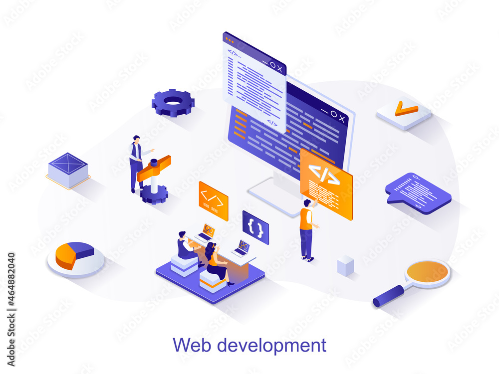 Aufkleber Web development isometric web concept. People create and optimize a web page, work with code and interface design. Programmers teamwork scene. Vector illustration for website template in 3d design