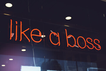 A view of a neon window sign that says Like A Boss. - Powered by Adobe