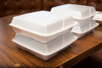 A view of stacks of styrofoam takeout boxes on a restaurant table.
