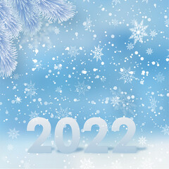 2022 Happy New Year card with falling snowflakes on blue sky. Vector