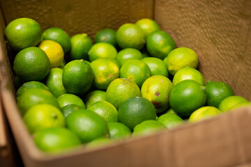 A view of a cardboard box full of limes. 