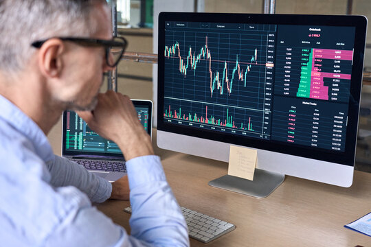Crypto trader investor analyst looking at computer screen analyzing financial graph data on pc monitor, thinking of online stock exchange market trading investment global risks, over shoulder view.
