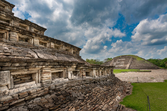 Detail of an ancient pyramid at the EL Tajin archeological site, in Papantla, Veracruz, Mexico.
