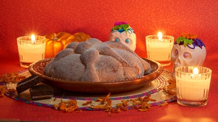 bread of the dead with candles for the altar of the day of the dead in mexico