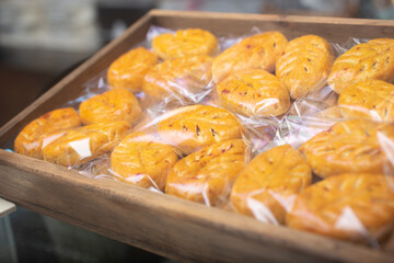 A closeup view of packaged nastar duan Indonesian pineapple cookies.
