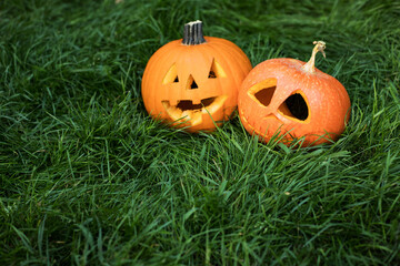 Obraz premium halloween carved pumpkin decoration on grass