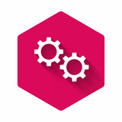 White Gear icon isolated with long shadow. Cogwheel gear settings sign. Cog symbol. Pink hexagon button. Vector