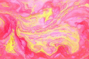 Abstract colored marble background, stains of pink and yellow paint on the surface of the water. Liquid colorful backdrop.