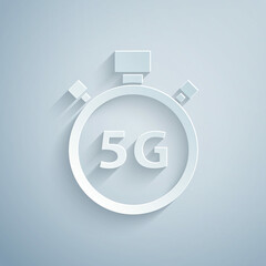 Paper cut Digital speed meter concept with 5G icon isolated on grey background. Global network high speed connection data rate technology. Paper art style. Vector