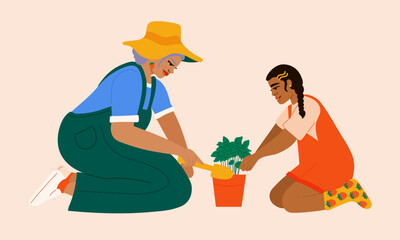 Illustration of grandmother and granddaughter taking care of plant