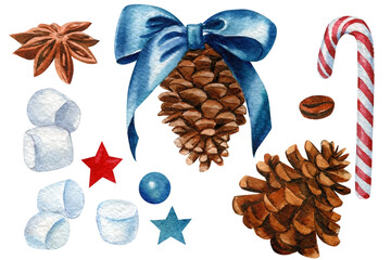 set of sweets and pine cone watercolor drawing