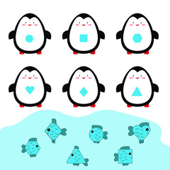 game for kids penguins and fish, pick up a figure. Game for a child early Montessori training. Preschool Shapes Matching Printable Game, Shape Sorting Printables, Toddler Shapes Learning.