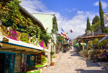 Historic street in downtown with shops and cafes in Old Bar, Montenegro