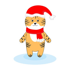 Cute little tiger on a white background in a Christmas hat and scarf. The symbol of the new year 2022. Chinese Tiger New Year.