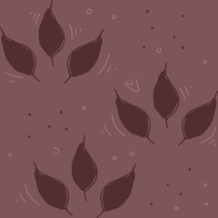 Vector seamless doodle pattern with leaves on dark red background. Design for postcards, stickers, decorating notepads and diaries, badges, wrapping paper, print for clothes, bags, background