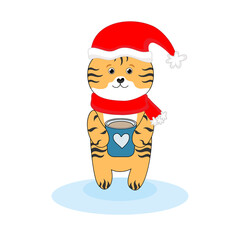 Cute little tiger on a white background in a Christmas hat with a cup of cocoa. The symbol of the new year 2022. Chinese Tiger New Year.