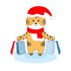 Cute little tiger on a white background in a Christmas hat with gift bags. The symbol of the new year 2022. Chinese Tiger New Year.