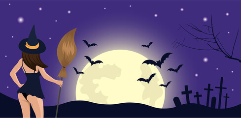 Fototapeta premium Halloween background. A witch is sexy at night. A girl with a broom in her underpants. Vector illustration.