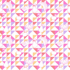 Seamless geometric pattern with fruits. Vector illustration in minimalistic flat style in pink color. Print for textiles, print design, postcards, menus.
