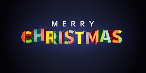 Colorful 3d text on dark background. Merry Christmas for invitation and greeting card, banner.