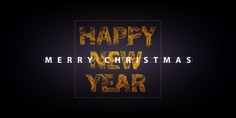 Happy New Year. Merry Christmas Holiday abstract background with frames lines.  For greeting banner. Text on black   with golden chaotic lines.