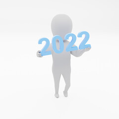 Small 3d man with 2022 in blue, 3d rendering