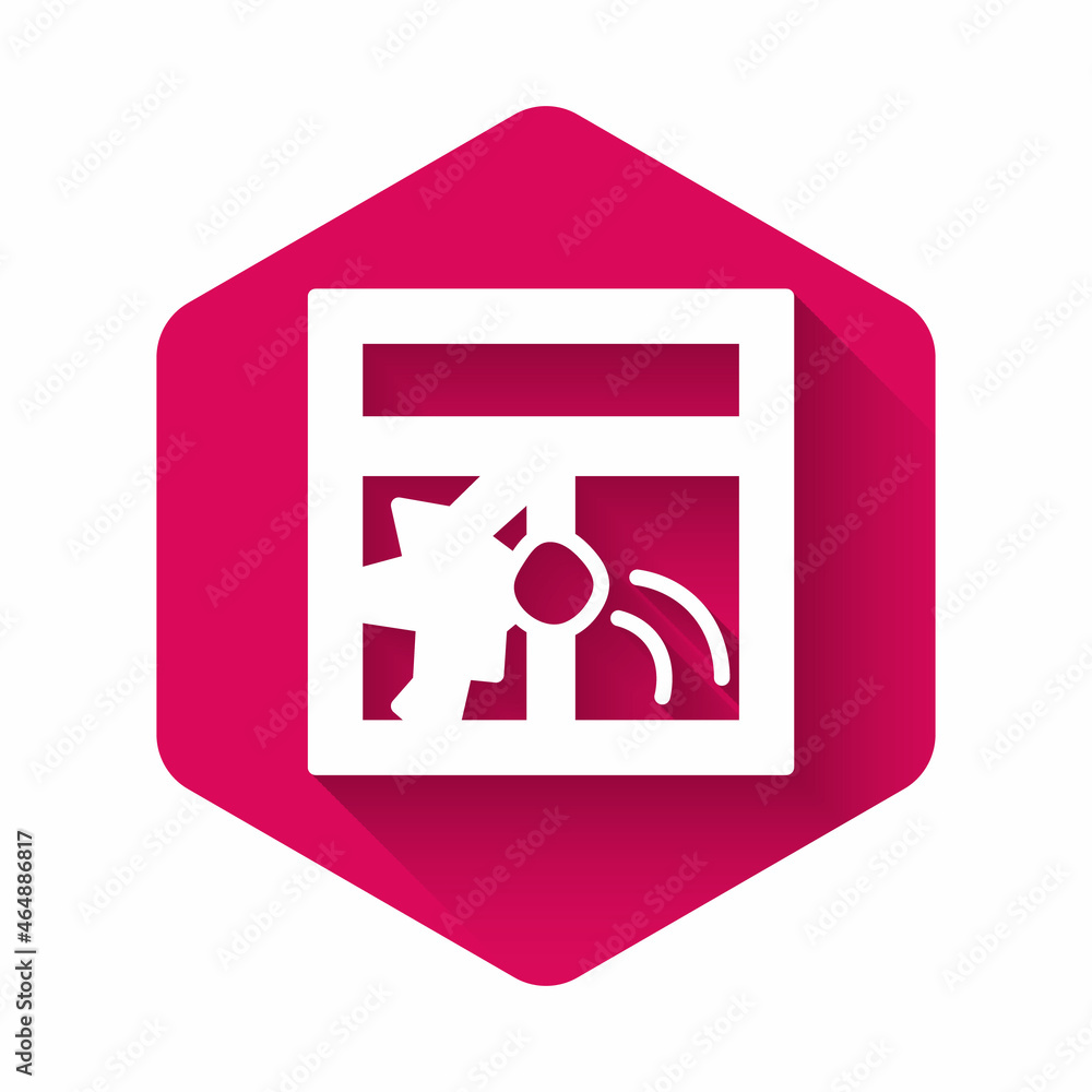 Poster White Broken window icon isolated with long shadow. Damaged window. Beaten windowpane concept. Vandalism. Pink hexagon button. Vector