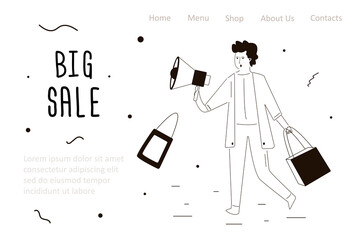 Promoter with megaphone announce about big sale. Man advertising about discount. Template, landing page. Cheap shopping and purchase concept