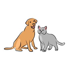 Hand-drawing cat and dog. Cute pets. Vector illustration