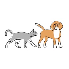 Hand-drawing cat and dog. Cute pets. Vector illustration