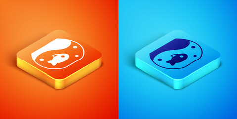 Isometric Aquarium with fish icon isolated on orange and blue background. Round glass aquarium. Aquarium for home and pets. Vector