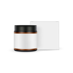 Amber Cosmetic Jar Mockup with Paper Packaging Box, Front View, Isolated on White Background. Vector Illustration