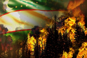 Forest fire natural disaster concept - infernal fire in the trees on Uzbekistan flag background - 3D illustration of nature