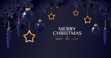 Naklejka premium Christmas card with stars icicles and balls. 