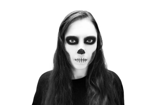 Portrait of long-haired girl with skeleton make-up black and white, isolated on white background