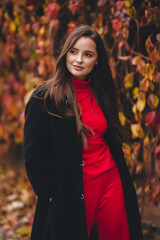 Autumn portrait of an attractive girl. Autumn shades. Stylish girl relaxes in warm autumn