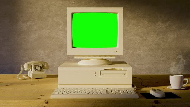 Old computer turn ON and OFF with glitch Green Screen Vintage room 4k